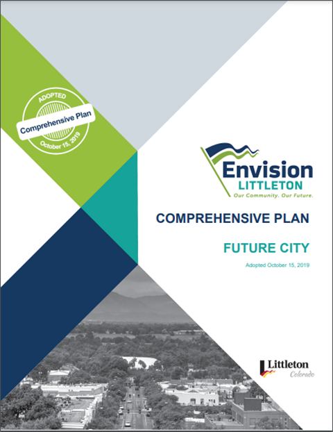 Cover page of Envision Littleton Comprehensive Plan with title of document and date of adoption.