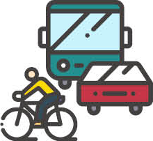 Icon: cyclist, bus and car