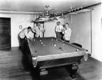 Geneva Home 1945 Recreation Room Pool Table with residents, Anthony Giordano, Charles Walters, James Schroer, and Michael Epp.