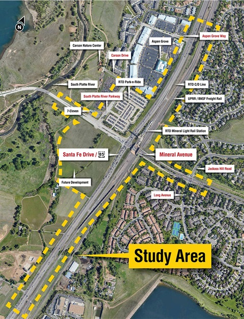 Map showing study area at Santa Fe Drive and Mineral Avenue for the Quad Road Project