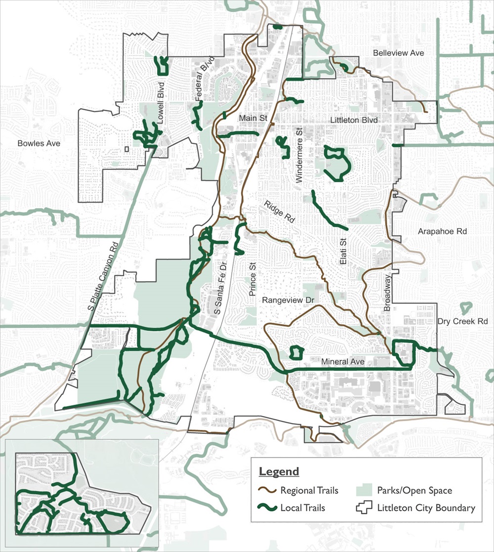 Map of littleton city limits showing local and regional trails, and parks/open space