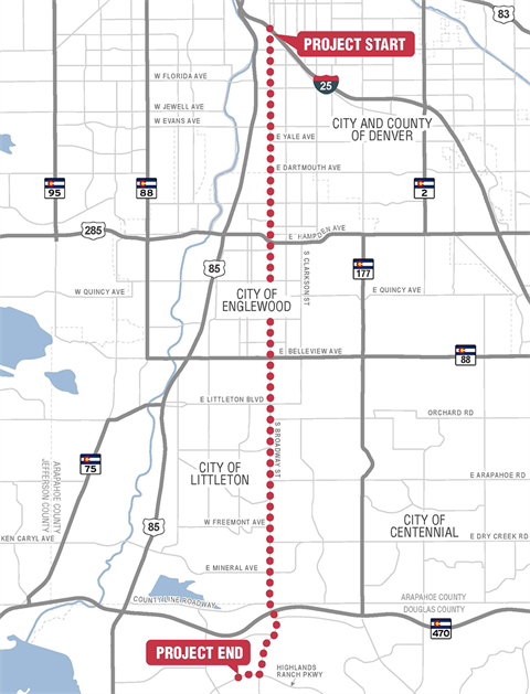 Map showing the Broadway corridor study from I-25 south to Highlands Ranch Parkway.